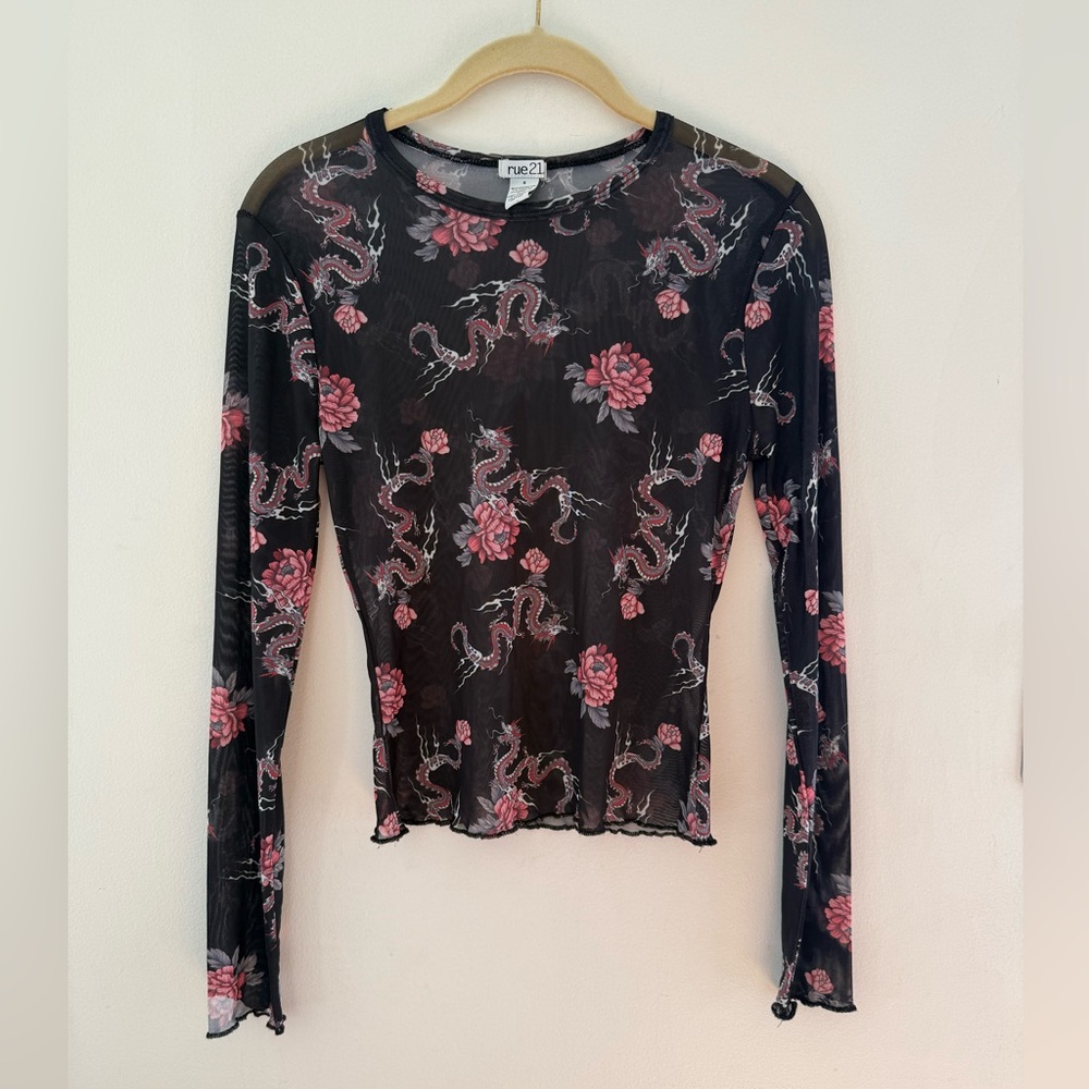 Y2K Black Mesh Floral Dragon Long Sleeve S